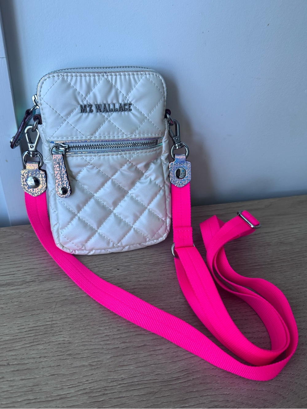 MZ Wallace Metro Phone Quilted Cream Crossbody with Hot Pink Strap